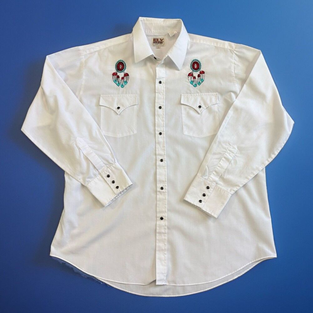 Ely Cattleman White Embroidered Western Pearl Snap Shirt Men's Size XL